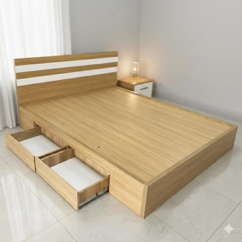 Giường ngủ gỗ MDF đầu giường phối sọc có ngăn kéo