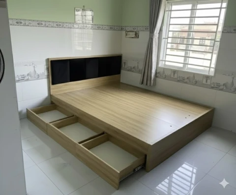 Giường ngủ gỗ MDF 3 ngăn kéo có nệm đầu giường