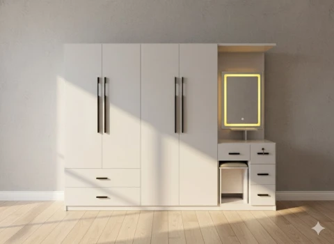 Tủ nhựa Đài Loan 4 cánh kèm Bàn trang điểm có gương đèn led BTD4C