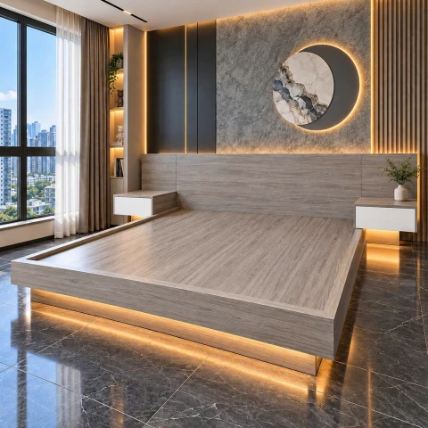 Giường ngủ bay hiện đại kèm 2 tab ốp vách Gỗ MDF