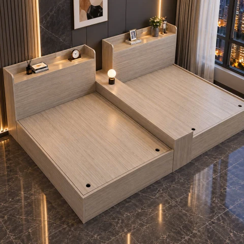 Giường ngủ đôi đầu hộp kèm kệ gỗ MDF