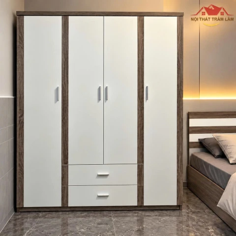 Tủ quần áo MDF 4 cánh khảm sọc dọc