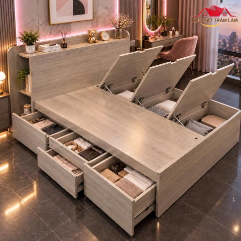 Giường ngủ gỗ MDF thông minh có 4 ngăn kéo + 3 cánh lật