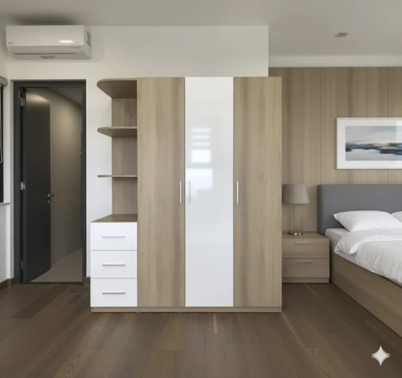 Tủ Quần Áo Gỗ 3 Cánh 1 Kệ Phối Trắng Vàng