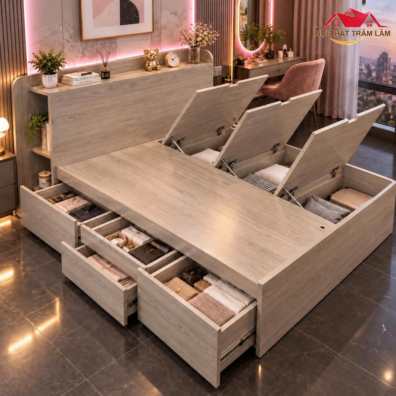 Giường ngủ gỗ MDF thông minh có 4 ngăn kéo + 3 cánh lật